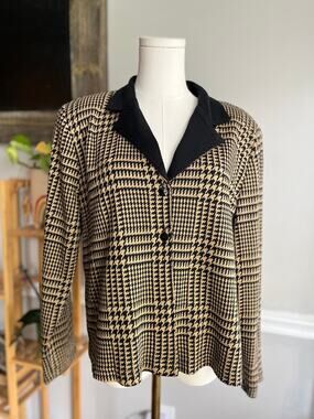 Vintage 90s Houndstooth Plaid Cardigan Black Tan Collared Size Large